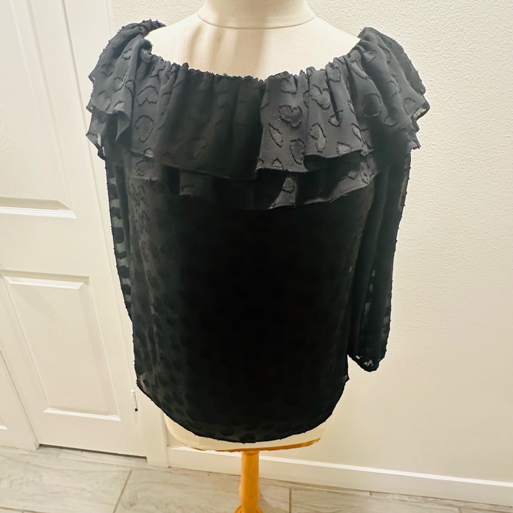Black Ruffled 3/4 Sleeve Blouse